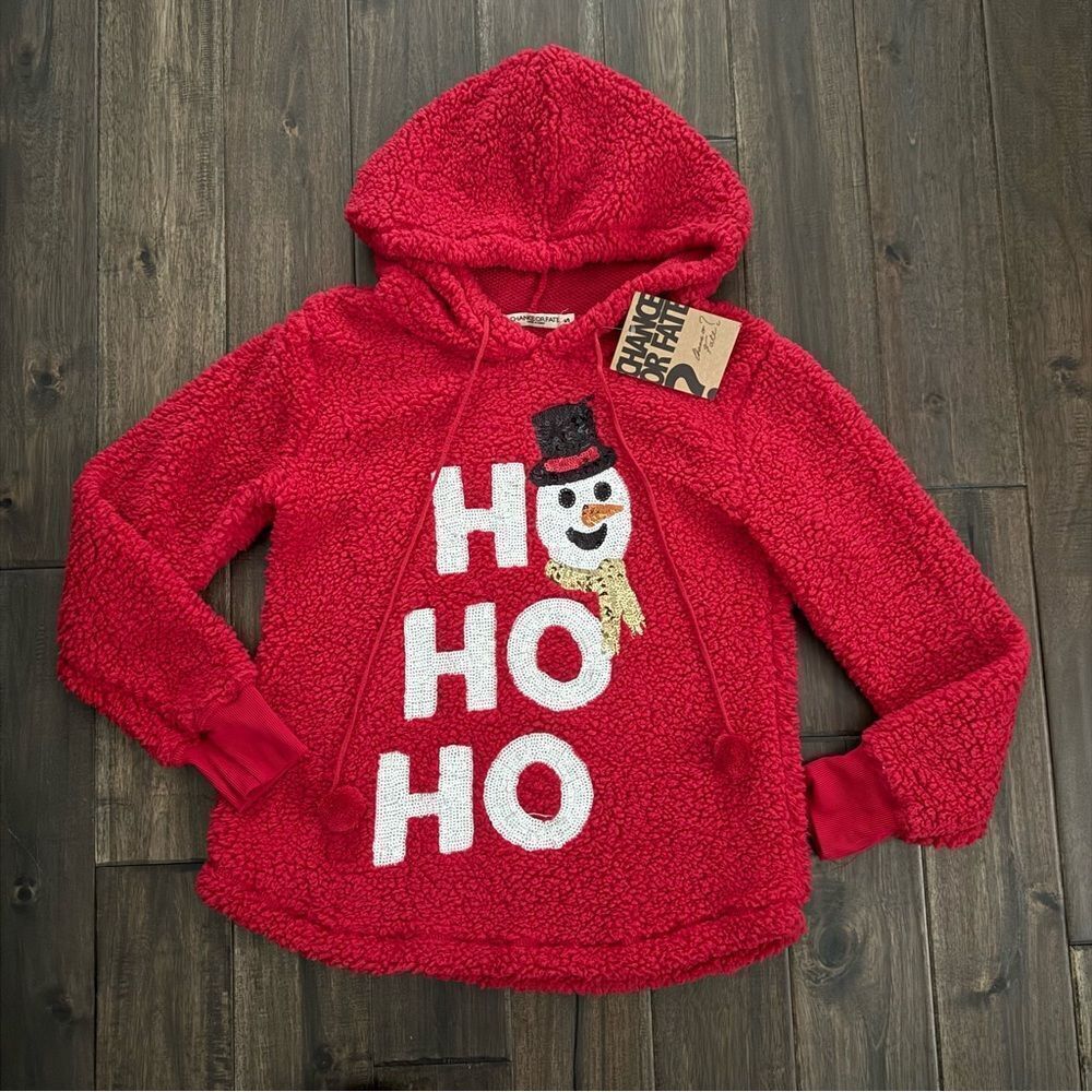 Chance or Fate Red Fleece Sequins Snowman HO HO HO Hoodie Jr. S NWT